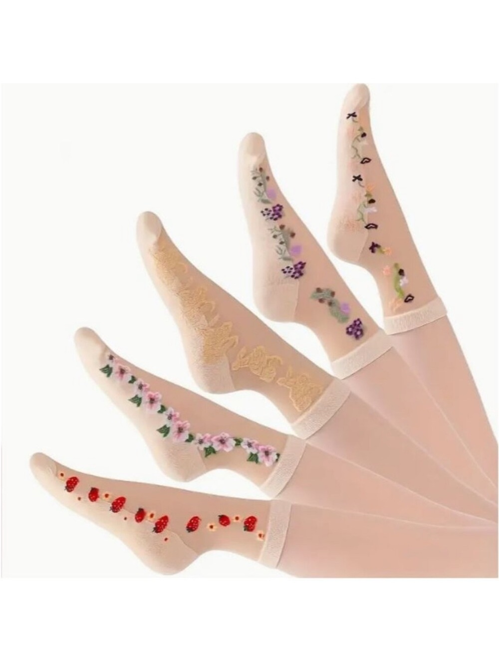NEW Lot 5 Pair Nude Beige Floral Flocked Sheer Tulle Socks OS